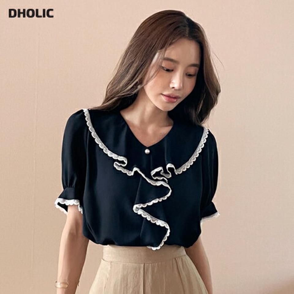 【10%OFF】フェイクパールレースフリルブラウス・全4色・t67625 レディース 【bl】トップス ブラウス 半袖 ハーフスリーブ レース パール 襟コン フリル ガーリー 大人 かわいい 可愛い パフ袖 パフスリーブ スカラップ 春 夏 韓国ファッション blsセール