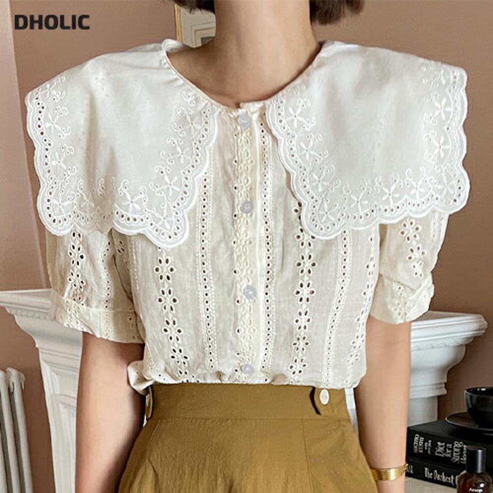 ビッグカラーアイレットレースブラウス・全2色・t67594 レディース 【bl】トップス ブラウス 半袖 ハーフスリーブ アイレット レース 大きい襟 襟コン ガーリー かわいい 可愛い 大きい襟 パフ袖 パフスリーブ 半柄 春 夏 韓国ファッション