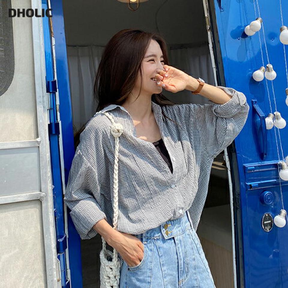 チェックルーズフィットシャツ・全3色・t67596 レディース 【bl】トップス シャツ 長袖 ルーズ ゆったり チェック柄 ラフ カジュアル シアー 透け感 ポケット 春 夏 秋 韓国ファッション