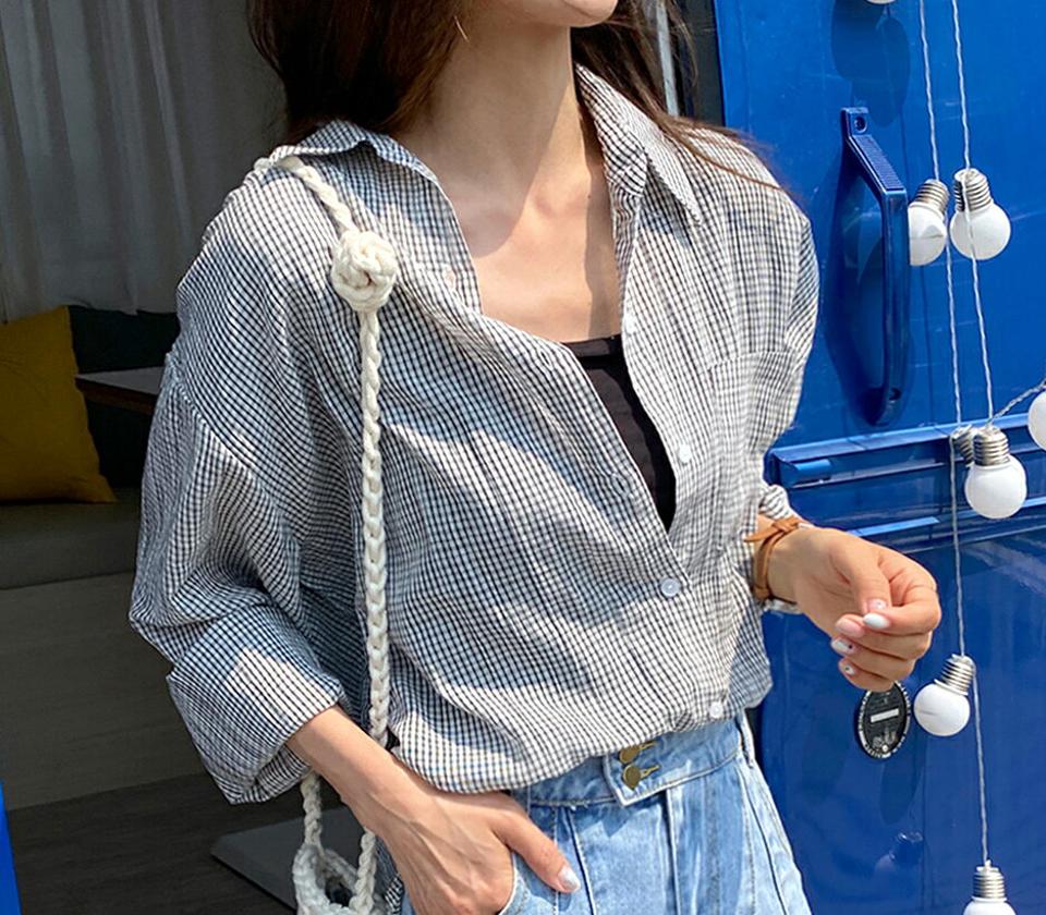 チェックルーズフィットシャツ・全3色・t67596 レディース 【bl】トップス シャツ 長袖 ルーズ ゆったり チェック柄 ラフ カジュアル シアー 透け感 ポケット 春 夏 秋 韓国ファッション