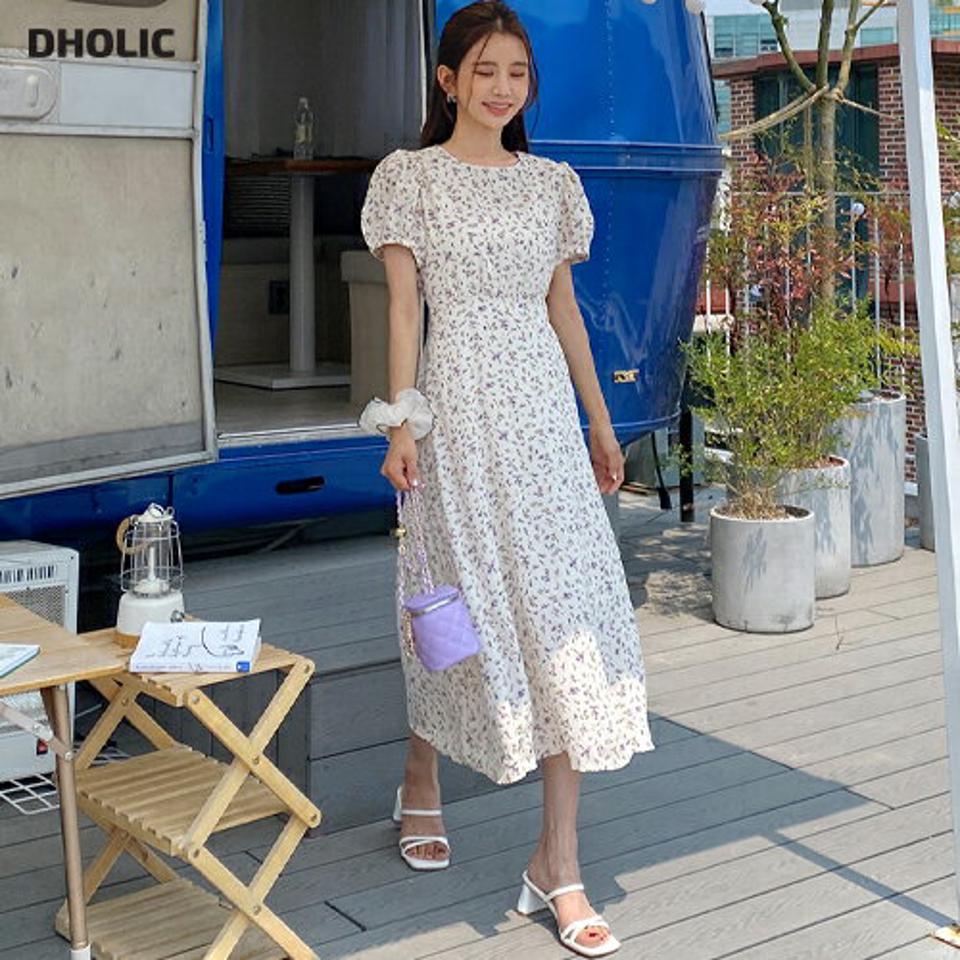 フローラルリボンワンピース・全2色・b67599 レディース 【ops】ワンピース ロング丈 ロングワンピース 半袖 花柄 小花柄 りぼん ガーリー フェミニン かわいい 可愛い パフ袖 パフスリーブ ギャザー フレア 春 夏 韓国ファッション