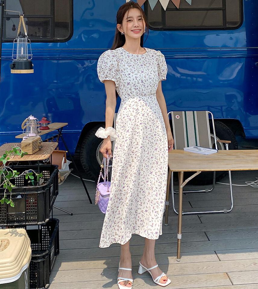 フローラルリボンワンピース・全2色・b67599 レディース 【ops】ワンピース ロング丈 ロングワンピース 半袖 花柄 小花柄 りぼん ガーリー フェミニン かわいい 可愛い パフ袖 パフスリーブ ギャザー フレア 春 夏 韓国ファッション