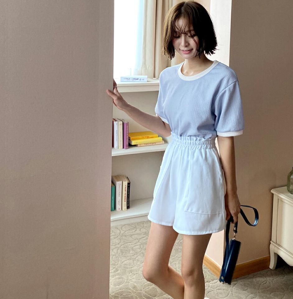 ラウンドパフブラウス&ウエストゴムショートパンツSET・全3色・t67603 レディース 【pt】セットアップ setup トップス ブラウス 半袖 ショートパンツ 短パン ズボン パンツ ウエストゴム 単色 無地 カジュアル 春 夏 韓国ファッション