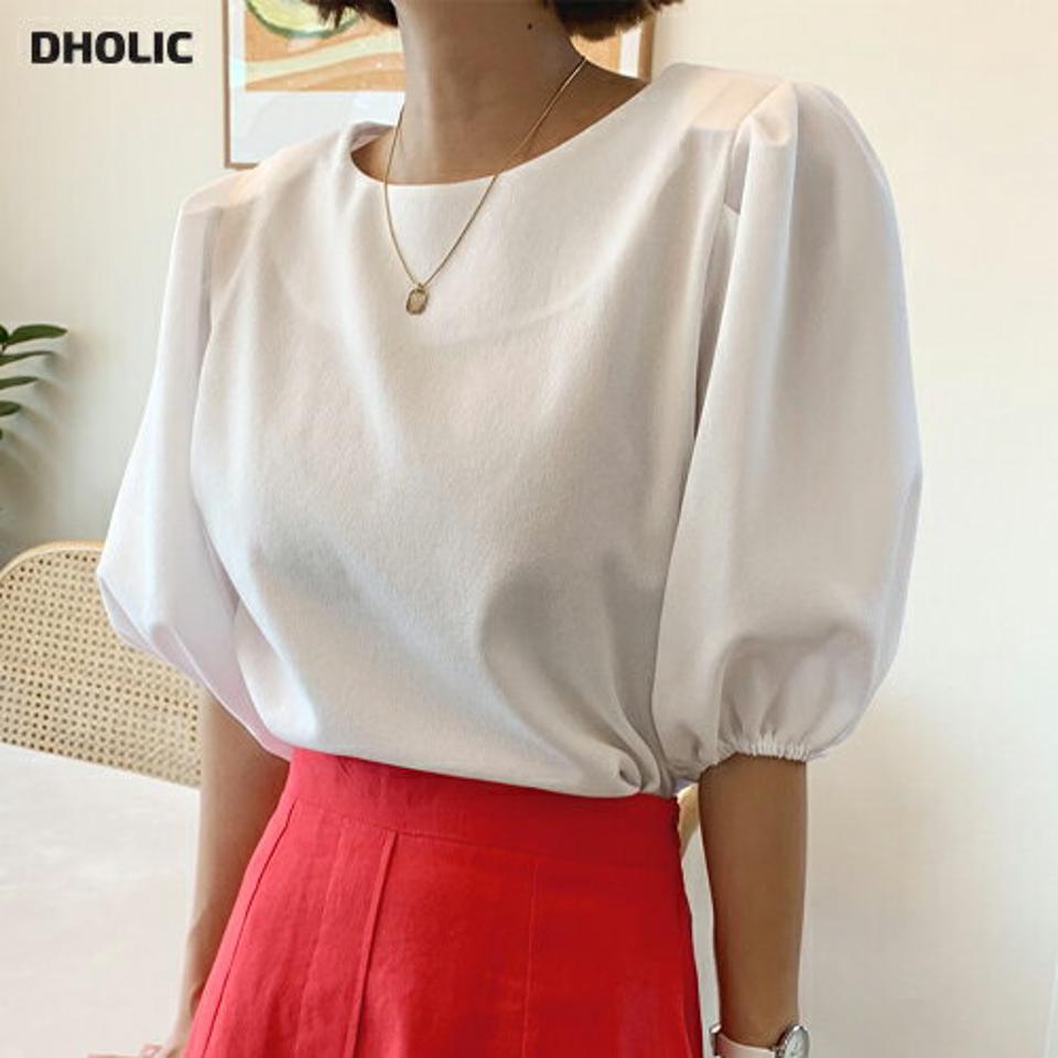 ラウンドパフブラウス・全3色・t67602 レディース 【bl】トップス ブラウス 半袖 ハーフスリーブ ラウンドネック パフ袖 パフスリーブ 単色 無地 シンプル ベーシック かわいい 袖コン 肩パッド 春 夏 韓国ファッション