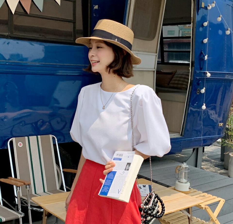 ラウンドパフブラウス・全3色・t67602 レディース 【bl】トップス ブラウス 半袖 ハーフスリーブ ラウンドネック パフ袖 パフスリーブ 単色 無地 シンプル ベーシック かわいい 袖コン 肩パッド 春 夏 韓国ファッション