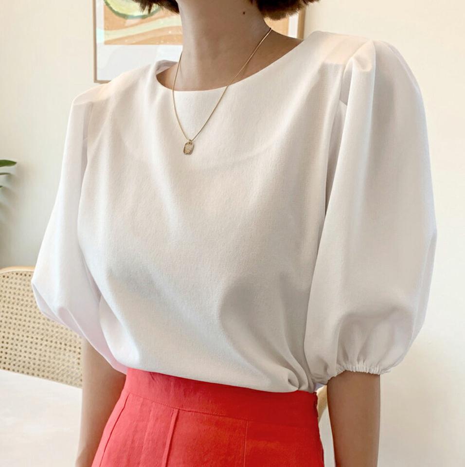 ラウンドパフブラウス・全3色・t67602 レディース 【bl】トップス ブラウス 半袖 ハーフスリーブ ラウンドネック パフ袖 パフスリーブ 単色 無地 シンプル ベーシック かわいい 袖コン 肩パッド 春 夏 韓国ファッション