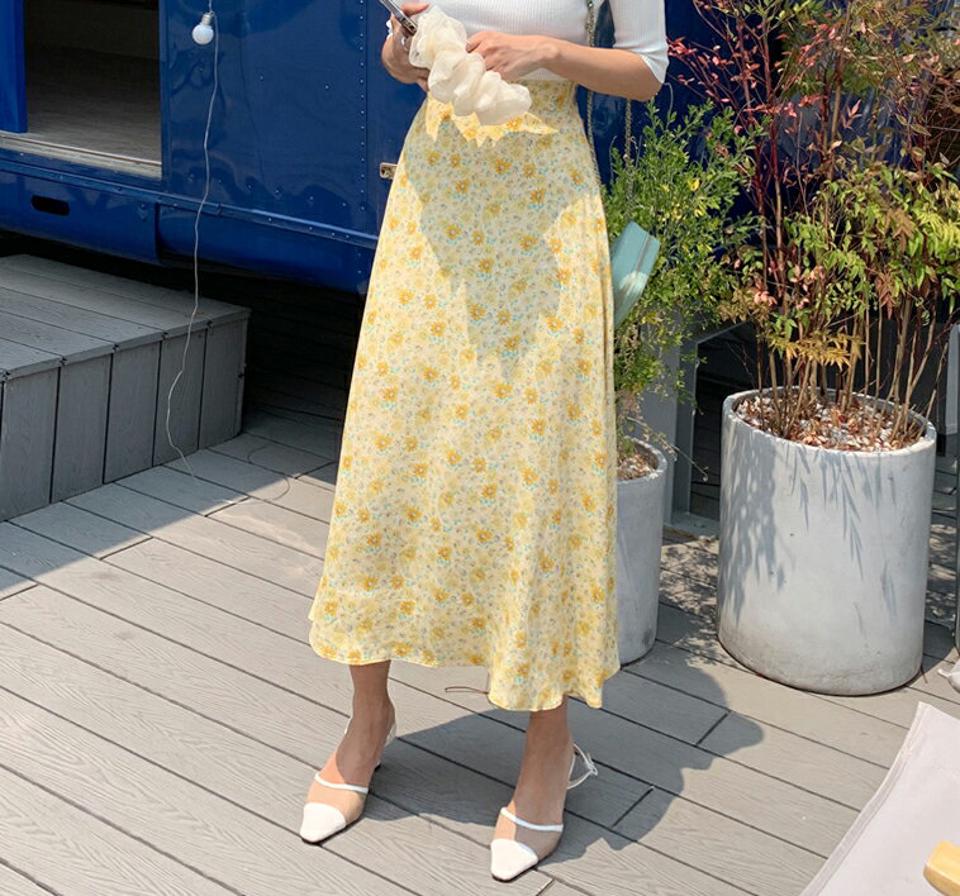 花柄Aラインスカート・全3色・t67627 レディース 【sk】スカート ロング丈 ロングスカート Aライン 花柄 フラワー フェミニン きれいめ 大人 レトロ パステル フレア 黄色 春 夏 韓国ファッション
