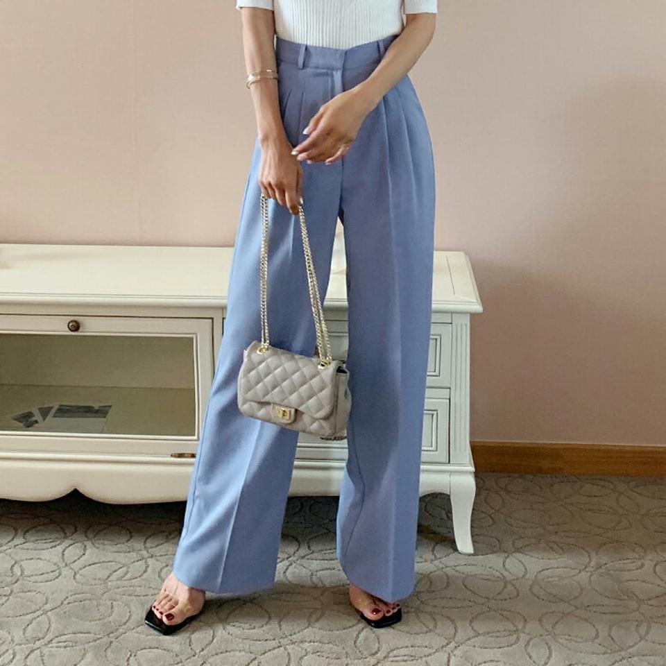 【10%OFF】ツータックストレートスラックス・全3色・t67628 レディース 【pt】スラックス パンツ ストレート タック ベルトループ ハイウエスト フルレングス 単色 無地 シンプル ベーシック 大人 オフィスカジュアル 水色 カラーパンツ 春 夏 韓国ファッション セール SALE