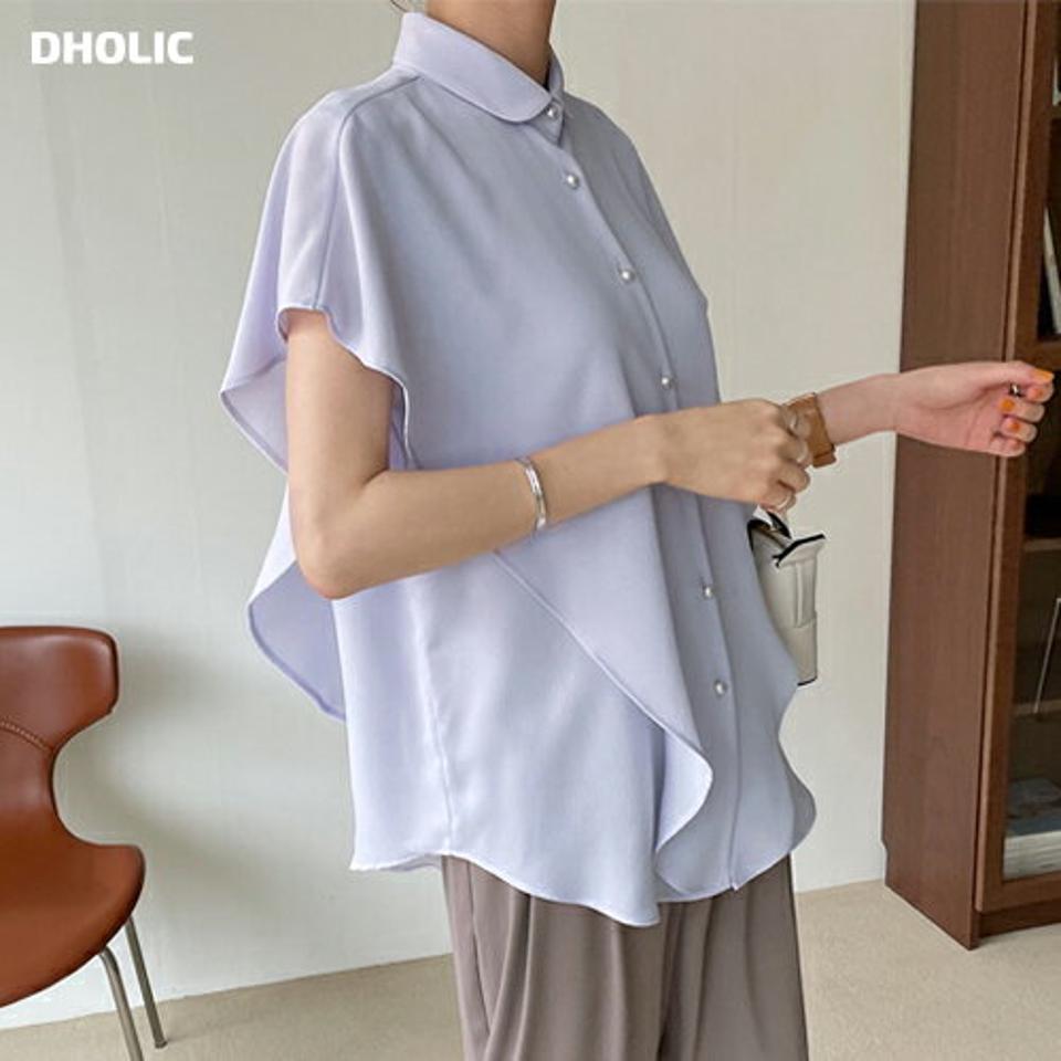 ≪人気商品再入荷≫フェイクパールカラーブラウス・全4色・e72368 レディース 【bl】ブラウス トップス 無地 シンプル 半袖 二の腕カバー パステル 襟 パールボタン オフィス 春 夏 上品 きれいめ フェミニン 韓国ファッション ハイホリHIHOLLI