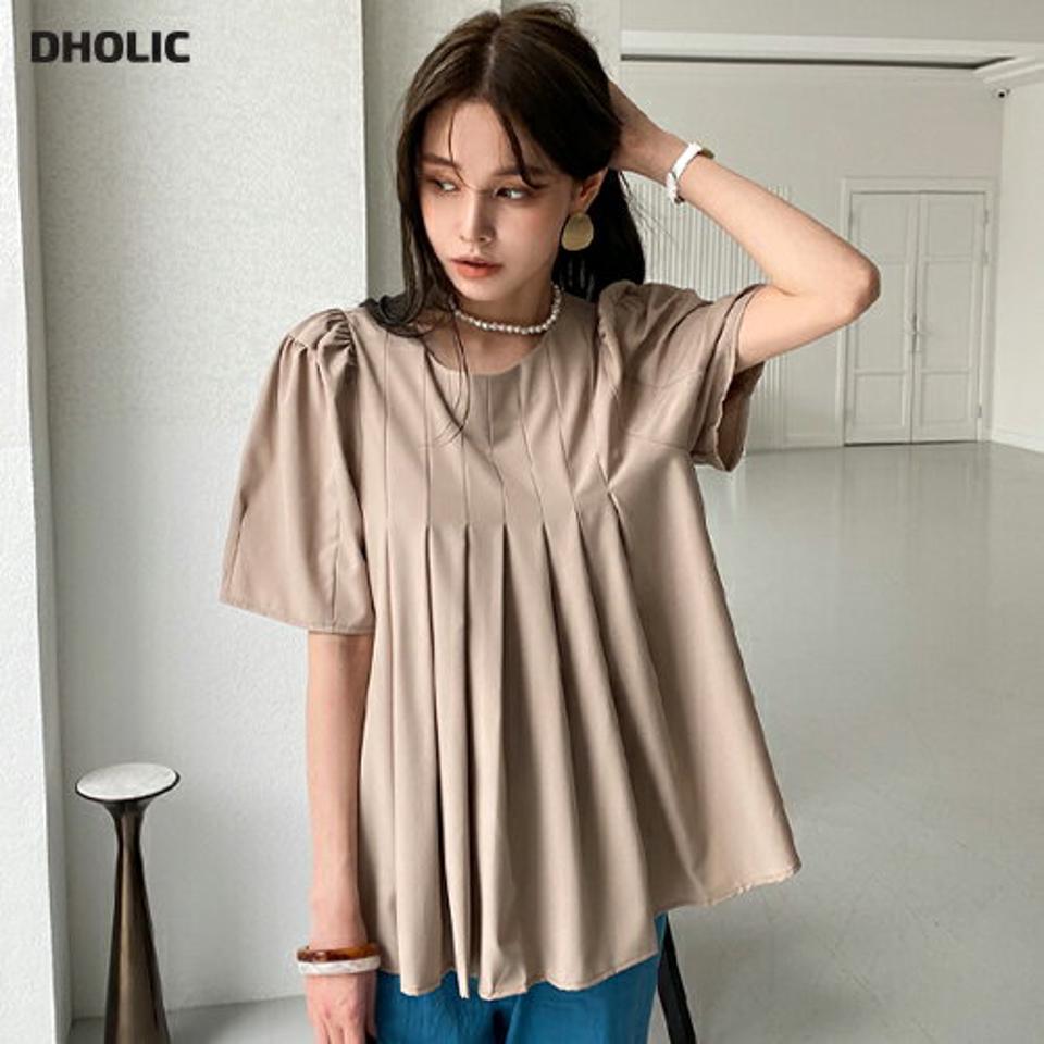 プリーツフレアブラウス・全3色・b72380 レディース 【bl】ブラウス トップス 半袖 単色 無地 シンプル フレア プリーツ 二の腕カバー 体型カバー ルーズ パフ 春 夏 上品 フェミニン オフィスカジュアル 大人 お腹カバー 韓国ファッション ハイホリHIHOLLI