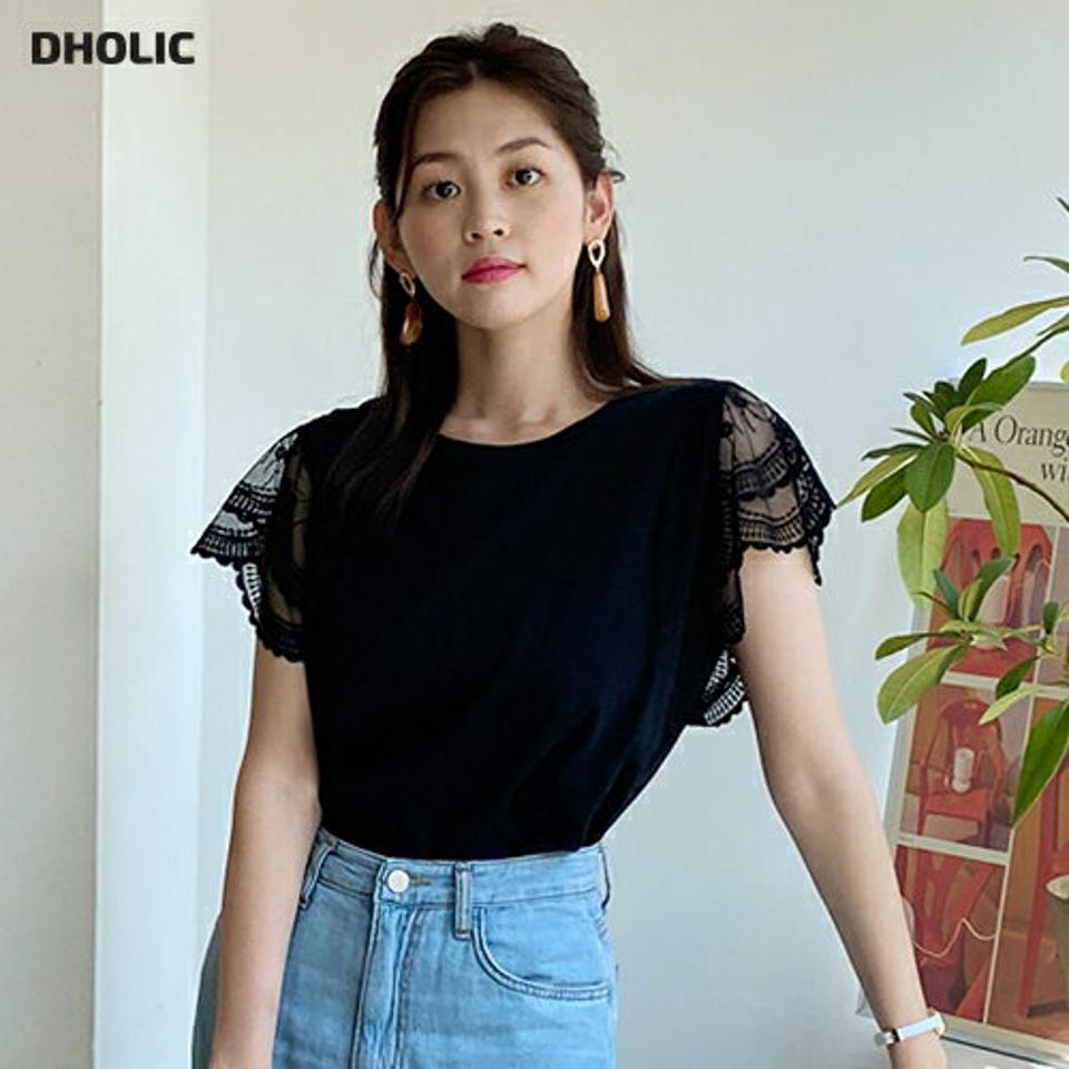 レーススリーブラウンドTシャツ・全3色・b01079 レディース 【tops】トップス Tシャツ 半袖 二の腕カバー レース 袖コン ラウンドネック 透け感 シアー シースルー メランジ フェミニン 大人 スカラップ 春 夏 韓国ファッション