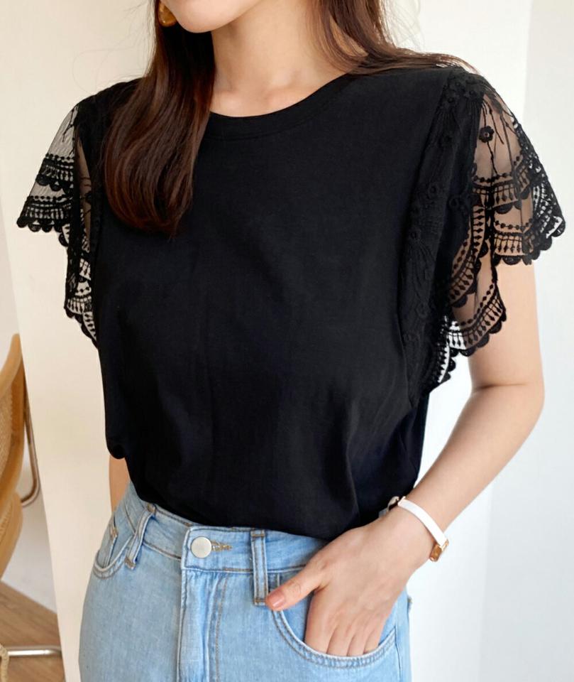 レーススリーブラウンドTシャツ・全3色・b01079 レディース 【tops】トップス Tシャツ 半袖 二の腕カバー レース 袖コン ラウンドネック 透け感 シアー シースルー メランジ フェミニン 大人 スカラップ 春 夏 韓国ファッション