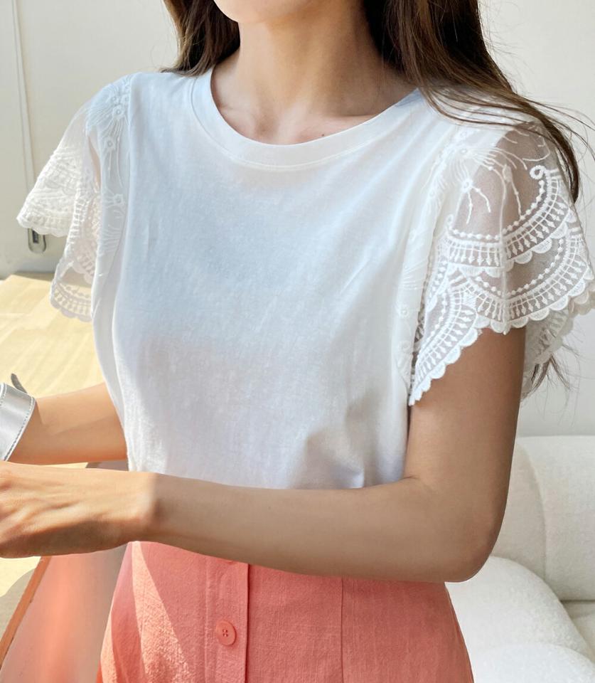 レーススリーブラウンドTシャツ・全3色・b01079 レディース 【tops】トップス Tシャツ 半袖 二の腕カバー レース 袖コン ラウンドネック 透け感 シアー シースルー メランジ フェミニン 大人 スカラップ 春 夏 韓国ファッション