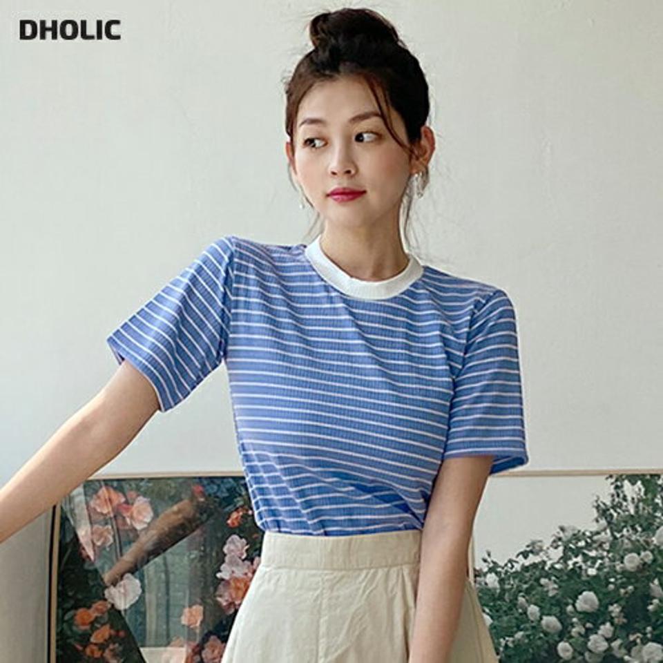 【10%OFF】ボーダーラウンドネックリブTシャツ・全5色・t01081 レディース 【tops】トップス Tシャツ 半袖 ボーダー柄 ボーダーT ラウンドネック カジュアル ラフ リブ 配色 青 春 夏 韓国ファッション 半Tセール