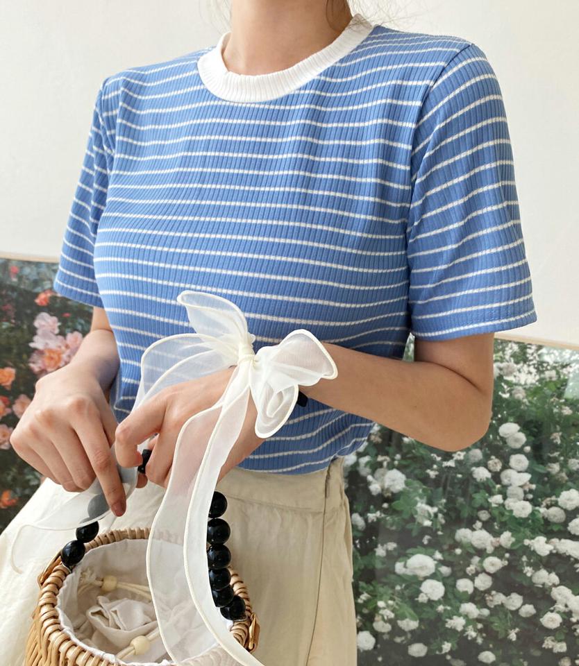 【10%OFF】ボーダーラウンドネックリブTシャツ・全5色・t01081 レディース 【tops】トップス Tシャツ 半袖 ボーダー柄 ボーダーT ラウンドネック カジュアル ラフ リブ 配色 青 春 夏 韓国ファッション 半Tセール