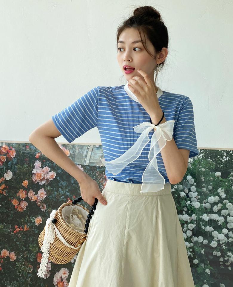 【10%OFF】ボーダーラウンドネックリブTシャツ・全5色・t01081 レディース 【tops】トップス Tシャツ 半袖 ボーダー柄 ボーダーT ラウンドネック カジュアル ラフ リブ 配色 青 春 夏 韓国ファッション 半Tセール