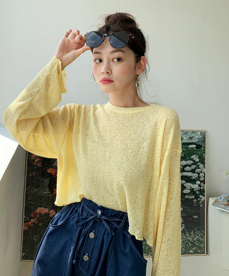 リネン混ラウンドクロップドTシャツ・全4色・t01082 レディース 【tops】トップス Tシャツ ロンT 長袖 単色 無地 無地T シンプル ベーシック カジュアル ラフ クロップド丈 黄色 短丈 ラウンドネック リネン ドロップショルダー 春 夏 韓国ファッション