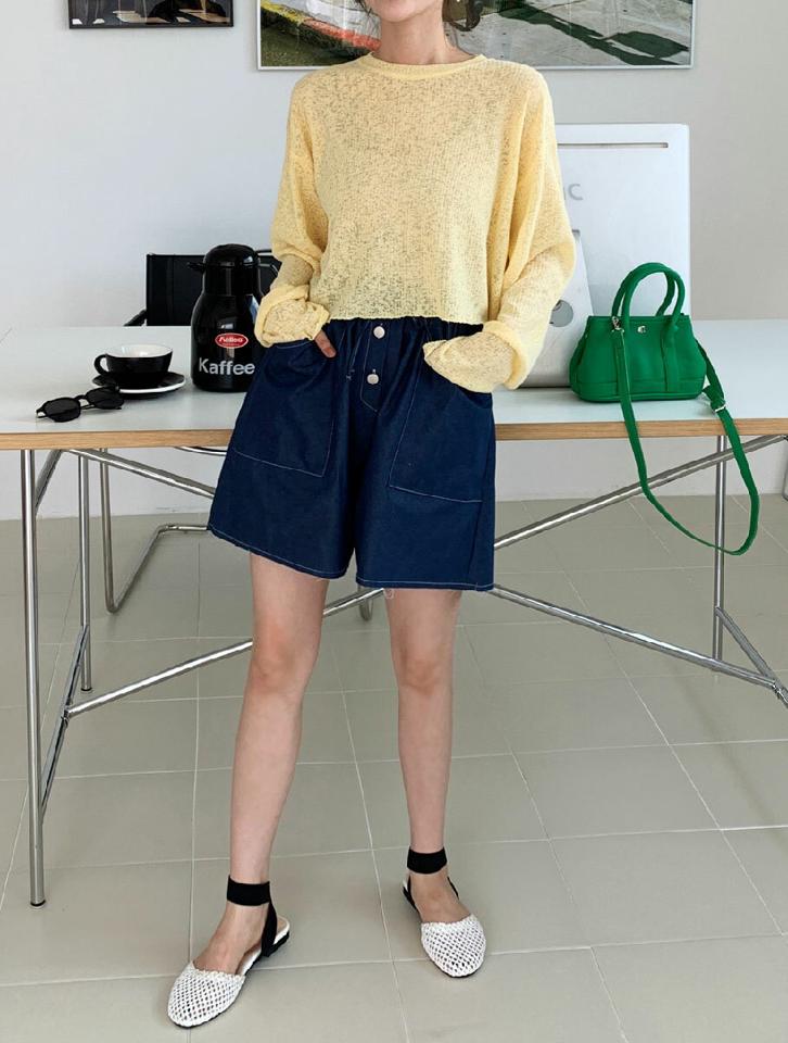 リネン混ラウンドクロップドTシャツ・全4色・t01082 レディース 【tops】トップス Tシャツ ロンT 長袖 単色 無地 無地T シンプル ベーシック カジュアル ラフ クロップド丈 黄色 短丈 ラウンドネック リネン ドロップショルダー 春 夏 韓国ファッション