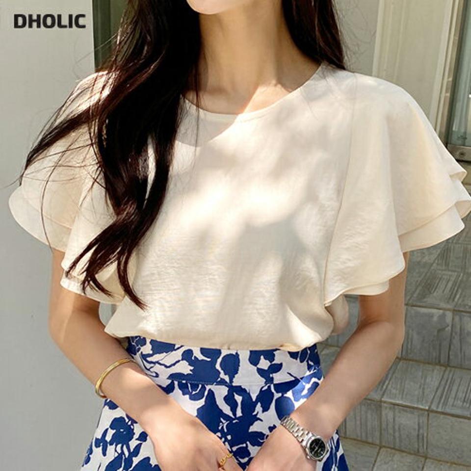 【10%OFF】ダブルフレアスリーブブラウス・全3色・b72215 レディース 【bl】ブラウス トップス 半袖 単色 無地 シンプル オフィスカジュアル フレア フリル 二の腕カバー 体型カバー 春 夏 フェミニン きれいめ パステル 韓国ファッション ハイホリHIHOLLI blsセール