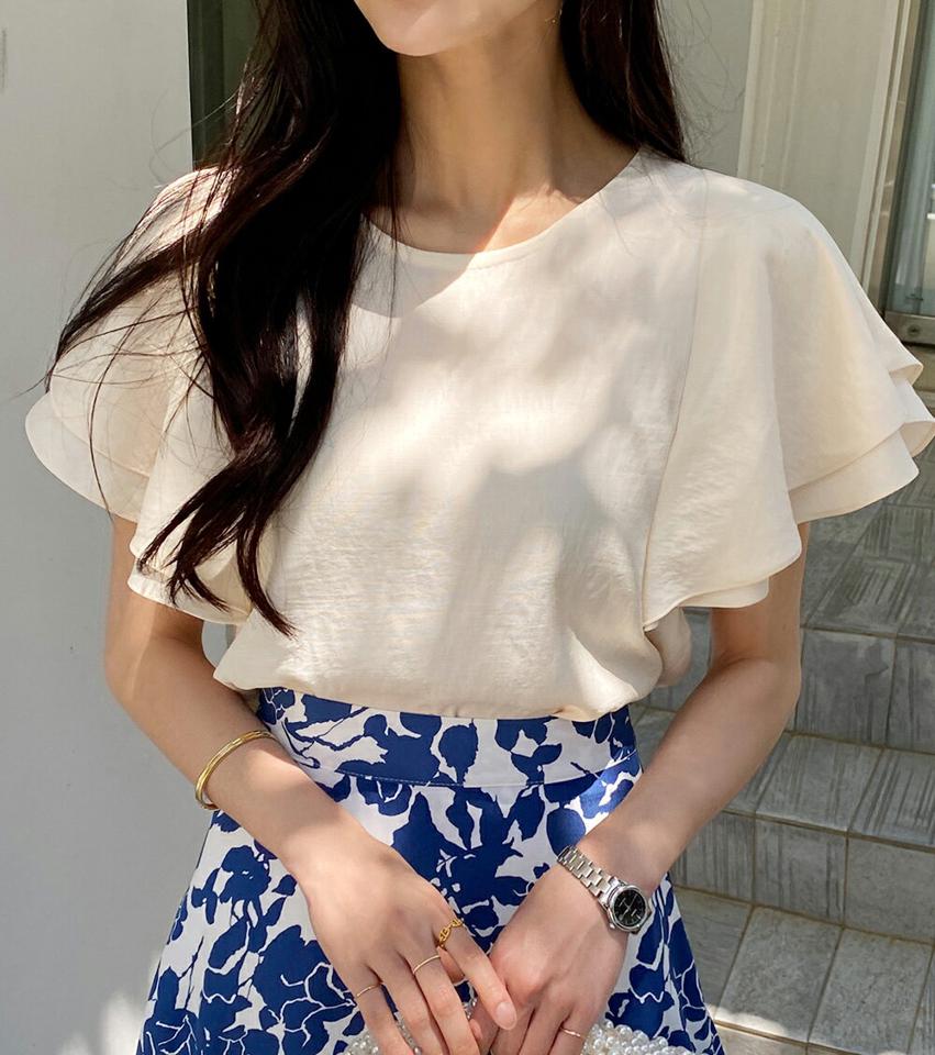 【10%OFF】ダブルフレアスリーブブラウス・全3色・b72215 レディース 【bl】ブラウス トップス 半袖 単色 無地 シンプル オフィスカジュアル フレア フリル 二の腕カバー 体型カバー 春 夏 フェミニン きれいめ パステル 韓国ファッション ハイホリHIHOLLI blsセール