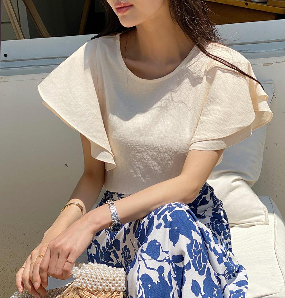 【10%OFF】ダブルフレアスリーブブラウス・全3色・b72215 レディース 【bl】ブラウス トップス 半袖 単色 無地 シンプル オフィスカジュアル フレア フリル 二の腕カバー 体型カバー 春 夏 フェミニン きれいめ パステル 韓国ファッション ハイホリHIHOLLI blsセール