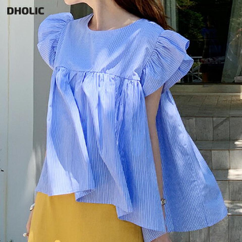 【10%OFF】ストライプフリルブラウス・全2色・b72185 レディース 【bl】ブラウス トップス 半袖 フリル 二の腕カバー 体型カバー 柄 模様 ストライプ ギャザー フレア 爽やか 春 夏 カジュアル フェミニン お腹カバー 韓国ファッション ハイホリHIHOLLI blsセール