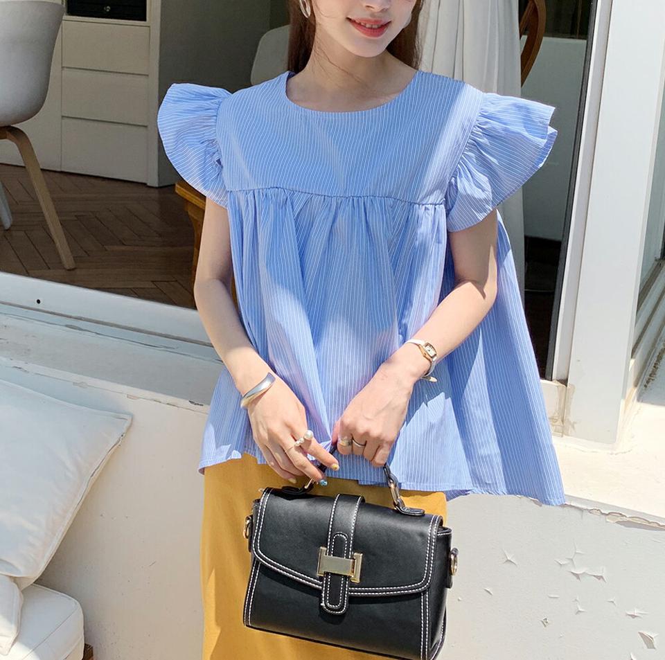 【10%OFF】ストライプフリルブラウス・全2色・b72185 レディース 【bl】ブラウス トップス 半袖 フリル 二の腕カバー 体型カバー 柄 模様 ストライプ ギャザー フレア 爽やか 春 夏 カジュアル フェミニン お腹カバー 韓国ファッション ハイホリHIHOLLI blsセール