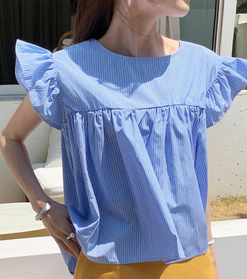 【10%OFF】ストライプフリルブラウス・全2色・b72185 レディース 【bl】ブラウス トップス 半袖 フリル 二の腕カバー 体型カバー 柄 模様 ストライプ ギャザー フレア 爽やか 春 夏 カジュアル フェミニン お腹カバー 韓国ファッション ハイホリHIHOLLI blsセール