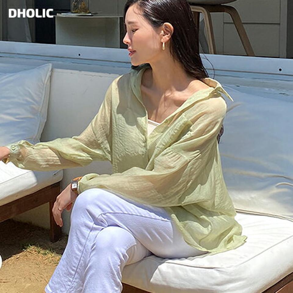 シースルーシャツ・全6色・t72188 レディース 【bl】トップス シャツ 長袖 襟 ボタン シースルー シアー 体型カバー ルーズ ドロップショルダー 透け感 春 夏 爽やか パステル 春 夏 大人っぽ きれいめ フェミニン 韓国ファッション ハイホリHIHOLLI