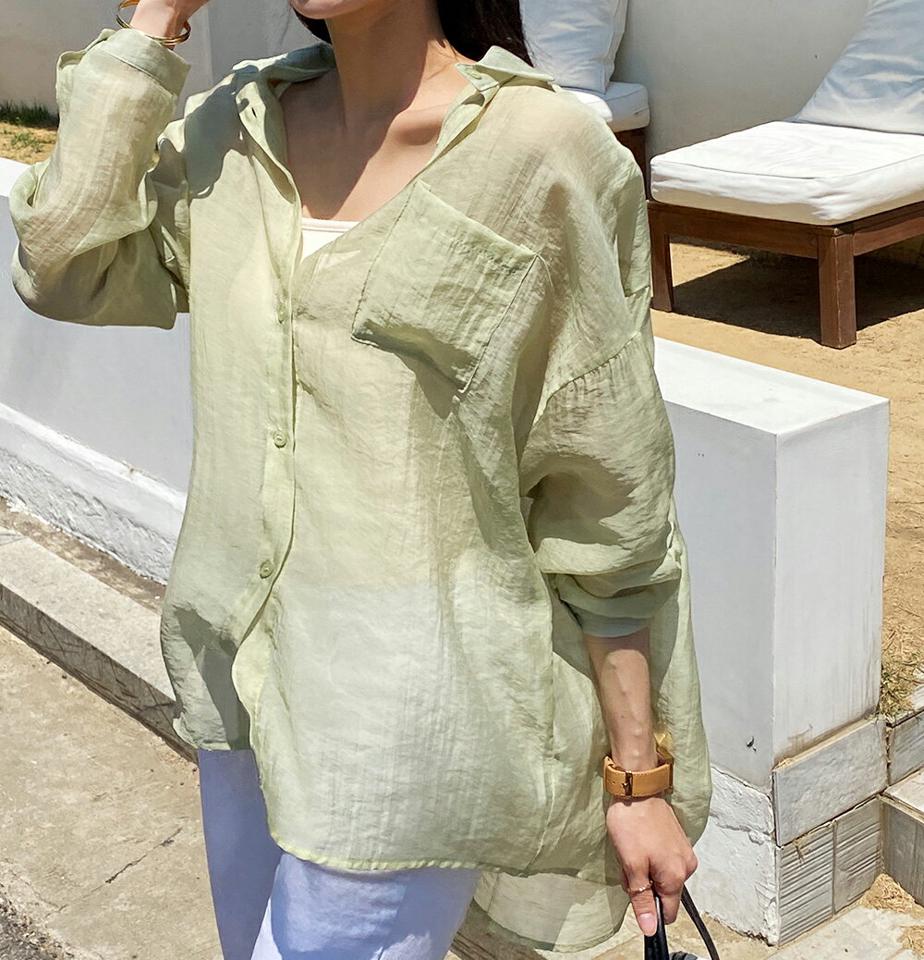 シースルーシャツ・全6色・t72188 レディース 【bl】トップス シャツ 長袖 襟 ボタン シースルー シアー 体型カバー ルーズ ドロップショルダー 透け感 春 夏 爽やか パステル 春 夏 大人っぽ きれいめ フェミニン 韓国ファッション ハイホリHIHOLLI