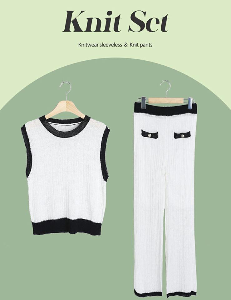 配色ニットノースリーブ&パンツSET・全2色・b72437 レディース 【pt】セットアップ セット setup 配色 柄 模様 ニット ノースリーブ トップス パンツ ロング丈 ボタン ストレート モノトーン 春 夏 大人っぽ 韓国ファッション ハイホリHIHOLLI