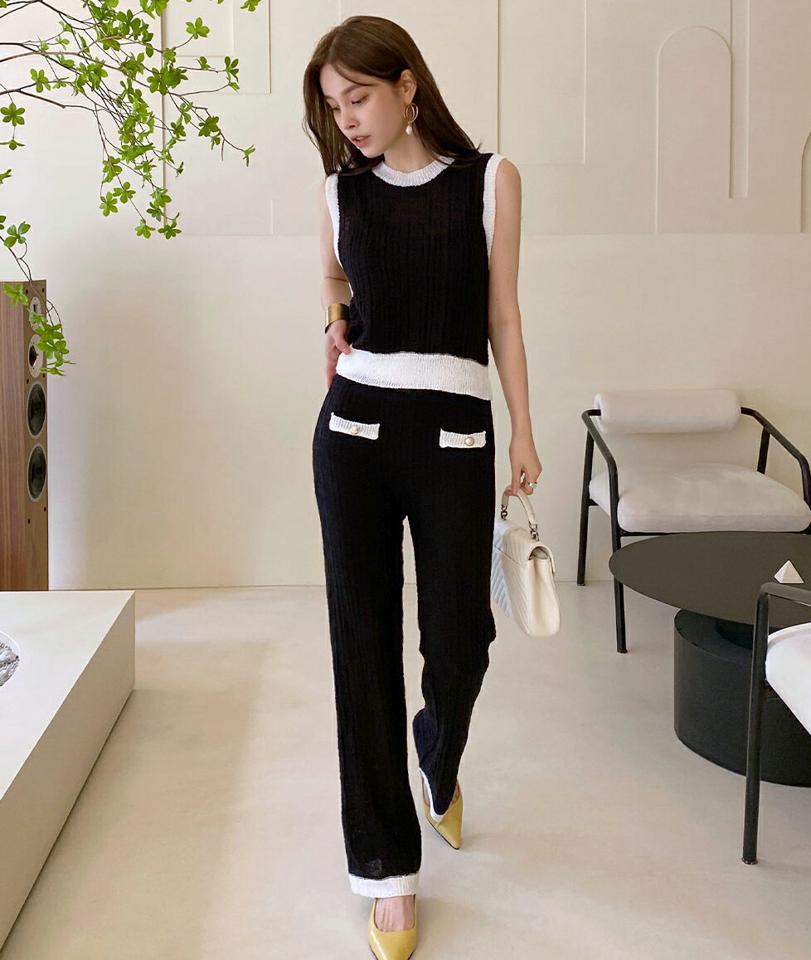 配色ニットノースリーブ&パンツSET・全2色・b72437 レディース 【pt】セットアップ セット setup 配色 柄 模様 ニット ノースリーブ トップス パンツ ロング丈 ボタン ストレート モノトーン 春 夏 大人っぽ 韓国ファッション ハイホリHIHOLLI