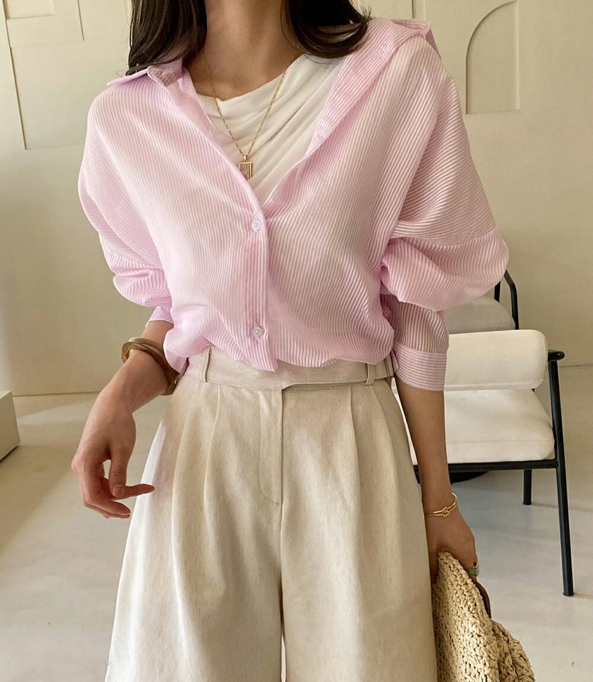 ストライプルーズフィットシャツ・全4色・t72466 レディース 【bl】ブラウス トップス 長袖 シャツ 襟 ボタン 柄 模様 ストライプ柄 ルーズ シアー 体型カバー ゆったり 春 夏 パステル ピンストライプ ピンク フレンチ 韓国ファッション ハイホリHIHOLLI