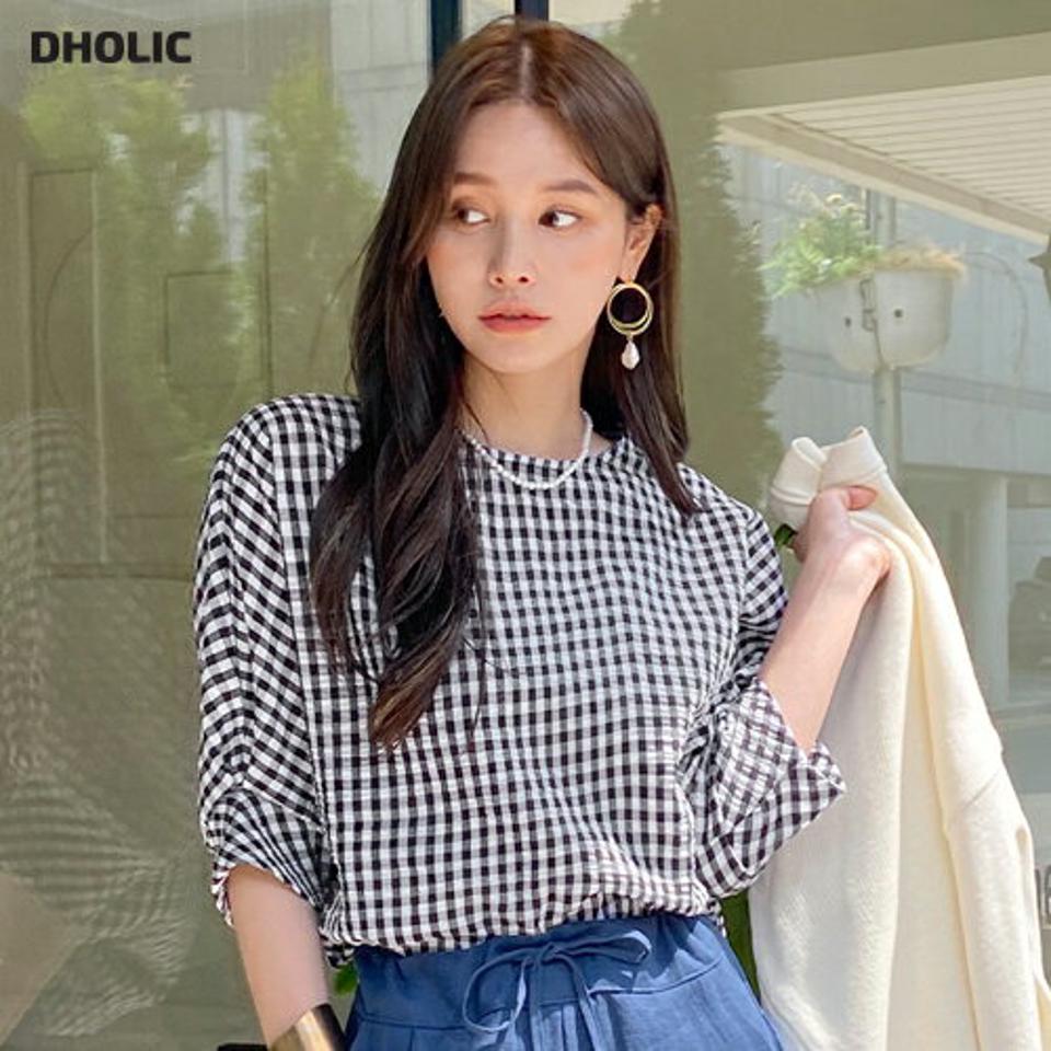ギンガムチェックブラウス・全3色・b72433 レディース 【bl】ブラウス トップス 七分丈 7分丈 7分袖 七分袖 チェック 柄 模様 ギンガムチェック 二の腕カバー 体型カバー ルーズ ロング丈 パフ 春 夏 カジュアル 韓国ファッション ハイホリHIHOLLI