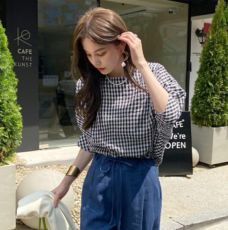 ギンガムチェックブラウス・全3色・b72433 レディース 【bl】ブラウス トップス 七分丈 7分丈 7分袖 七分袖 チェック 柄 模様 ギンガムチェック 二の腕カバー 体型カバー ルーズ ロング丈 パフ 春 夏 カジュアル 韓国ファッション ハイホリHIHOLLI