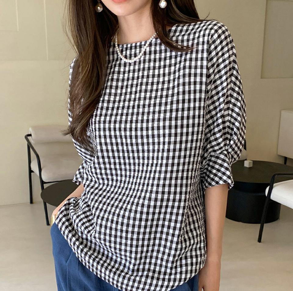 ギンガムチェックブラウス・全3色・b72433 レディース 【bl】ブラウス トップス 七分丈 7分丈 7分袖 七分袖 チェック 柄 模様 ギンガムチェック 二の腕カバー 体型カバー ルーズ ロング丈 パフ 春 夏 カジュアル 韓国ファッション ハイホリHIHOLLI