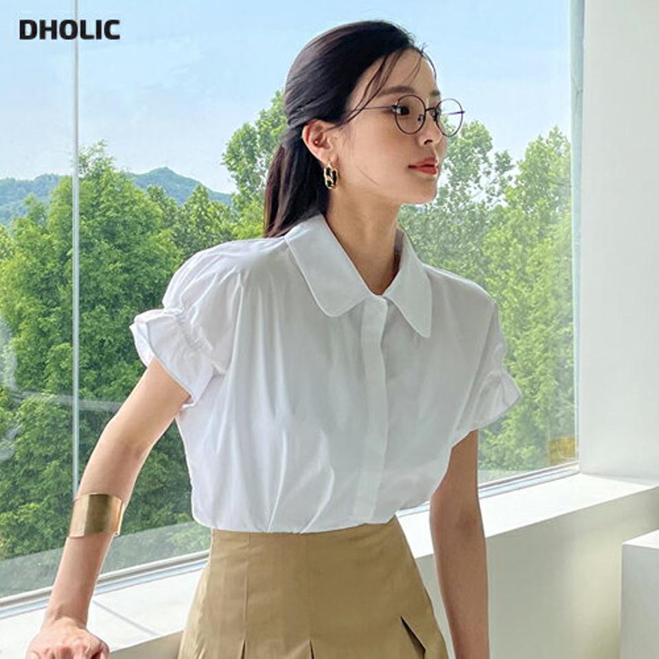 カラーネックフリルスリーブシャツ・全4色 レディース 【bl】シャツ トップス 半袖 単色 無地 シンプル ベーシック 襟 ボタン フリル 襟コン コットン 綿 春 夏 オフィスカジュアル 大人っぽ フェミニン 韓国ファッション ハイホリHIHOLLI