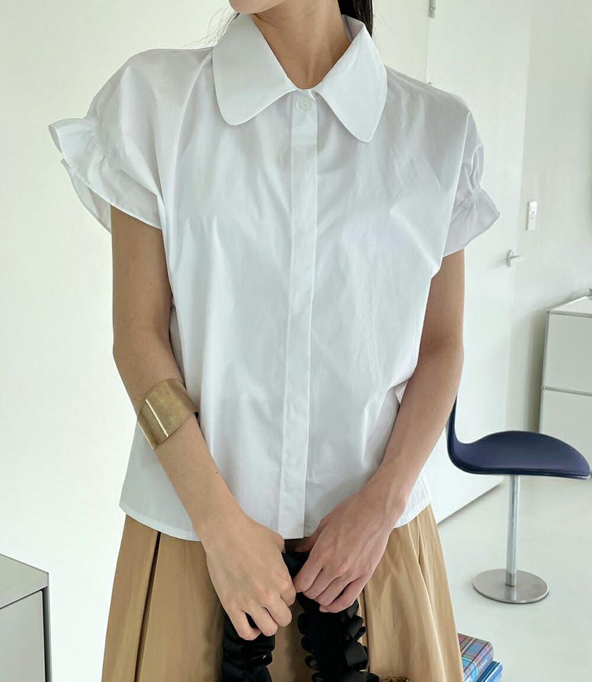 カラーネックフリルスリーブシャツ・全4色 レディース 【bl】シャツ トップス 半袖 単色 無地 シンプル ベーシック 襟 ボタン フリル 襟コン コットン 綿 春 夏 オフィスカジュアル 大人っぽ フェミニン 韓国ファッション ハイホリHIHOLLI