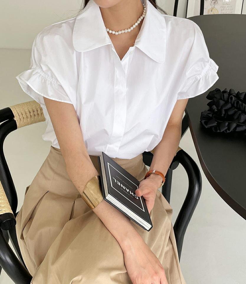 カラーネックフリルスリーブシャツ・全4色 レディース 【bl】シャツ トップス 半袖 単色 無地 シンプル ベーシック 襟 ボタン フリル 襟コン コットン 綿 春 夏 オフィスカジュアル 大人っぽ フェミニン 韓国ファッション ハイホリHIHOLLI