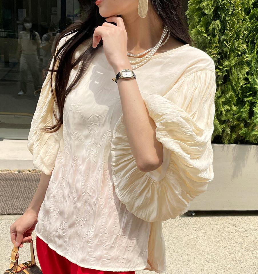 【10%OFF】リンクルバルーンブラウス・全3色・b72429 レディース 【bl】ブラウス トップス 七分丈 7分丈 7分袖 七分袖 単色 リンクル パステル 体型カバー 二の腕カバー 楽ちん ルーズフィット バルーン 春 夏 カジュアル 韓国ファッション ハイホリHIHOLLI blsセール