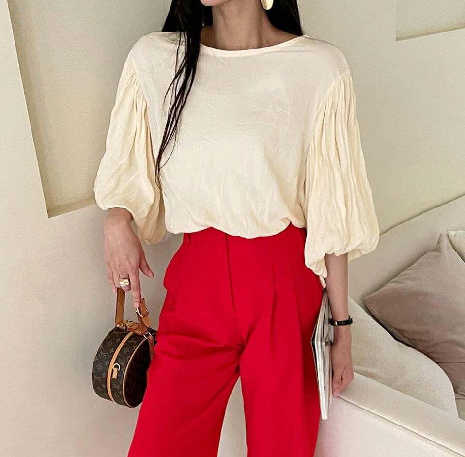 【10%OFF】リンクルバルーンブラウス・全3色・b72429 レディース 【bl】ブラウス トップス 七分丈 7分丈 7分袖 七分袖 単色 リンクル パステル 体型カバー 二の腕カバー 楽ちん ルーズフィット バルーン 春 夏 カジュアル 韓国ファッション ハイホリHIHOLLI blsセール