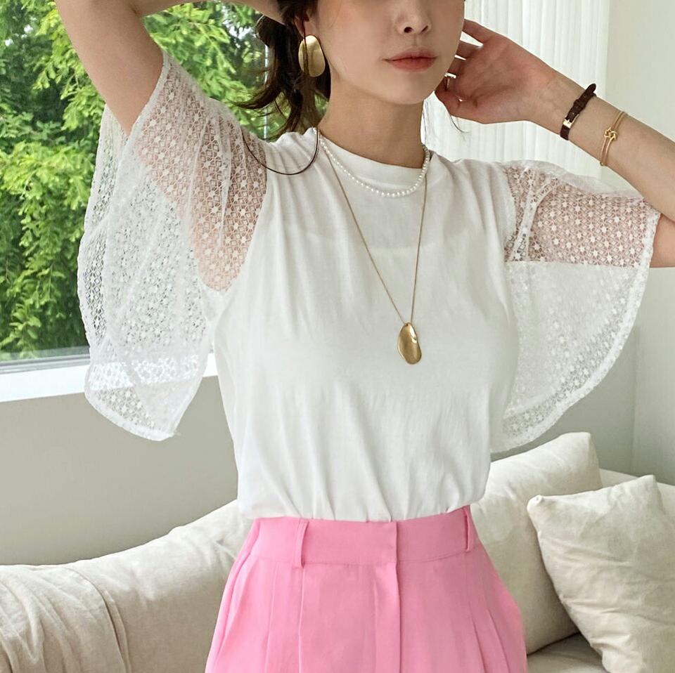 レースワイドスリーブTシャツ・全3色・b72425 レディース 【tops】トップス 半袖 柄 模様 Tシャツ 異素材 レース 透け感 シースルー 二の腕カバー 体型カバー ゆったり 楽ちん 春 夏 フェミニン きれいめ 韓国ファッション ハイホリHIHOLLI