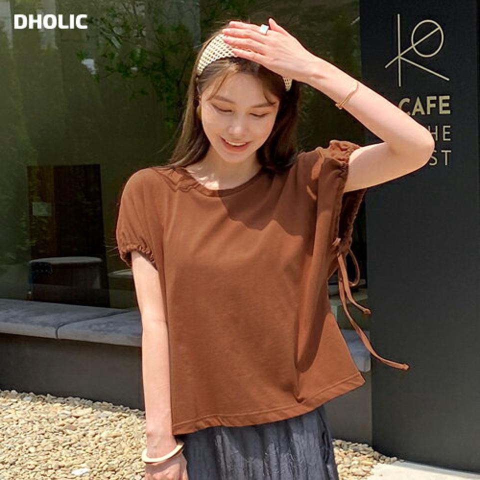 コットンストリングスリーブTシャツ・全3色・t72424 レディース 【tops】トップス Tシャツ 半袖 コットン 綿 単色 無地 シンプル ストリング 体型カバー ルーズ ドルマン フレンチスリーブ 春 夏 カジュアル 韓国ファッション ハイホリHIHOLLI