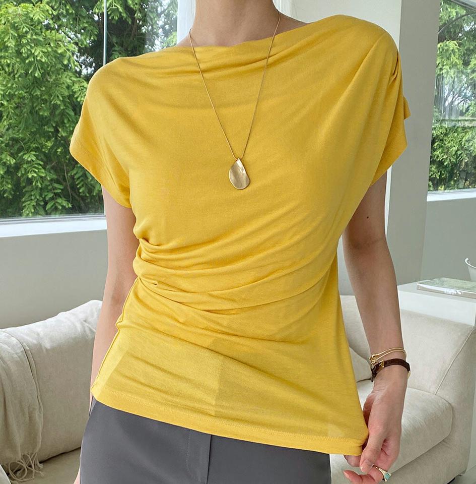 フレンチスリーブドレープTシャツ・全6色・b72422 レディース 【tops】トップス 半袖 Tシャツ 半袖 単色 無地 シンプル ベーシック カラバリ 伸縮 上品 スリム フレンチスリーブ 春 夏 カジュアル 大人っぽ 韓国ファッション ハイホリHIHOLLI