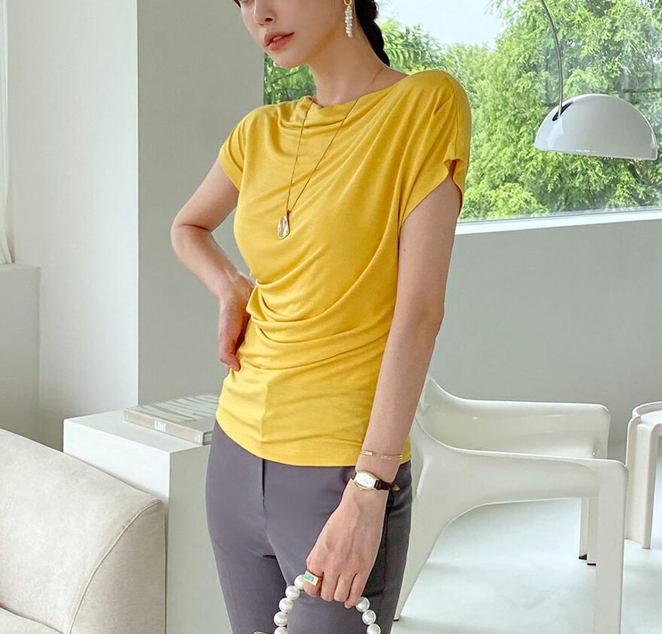 フレンチスリーブドレープTシャツ・全6色・b72422 レディース 【tops】トップス 半袖 Tシャツ 半袖 単色 無地 シンプル ベーシック カラバリ 伸縮 上品 スリム フレンチスリーブ 春 夏 カジュアル 大人っぽ 韓国ファッション ハイホリHIHOLLI