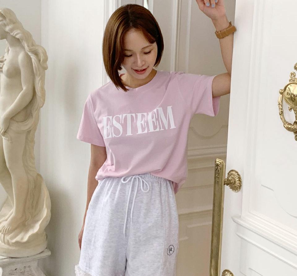 ESTEEMレタリングTシャツ・全4色・b00740 レディース 【tops】トップス Tシャツ 半袖 ロゴ ロゴT レタリング カジュアル ラフ 大人 ラウンドネック 春 夏 韓国ファッション