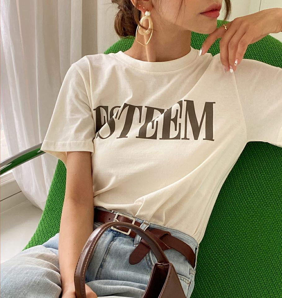 ESTEEMレタリングTシャツ・全4色・b00740 レディース 【tops】トップス Tシャツ 半袖 ロゴ ロゴT レタリング カジュアル ラフ 大人 ラウンドネック 春 夏 韓国ファッション