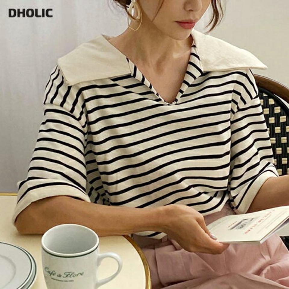 配色カラーボーダーTシャツ・全2色・t00742 レディース 【tops】トップス Tシャツ 半袖 ハーフスリーブ 襟コン 大きい襟 ボーダー柄 カジュアル ラフ 大人 スリットネック 春 夏 韓国ファッション