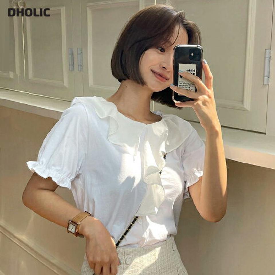 コントラストフリルTシャツ・全5色・b00748 レディース 【tops】トップス Tシャツ 半袖 フリル 袖コン 襟コン ガーリー 可愛い かわいい 単色 Vネック 異素材 春 夏 韓国ファッション
