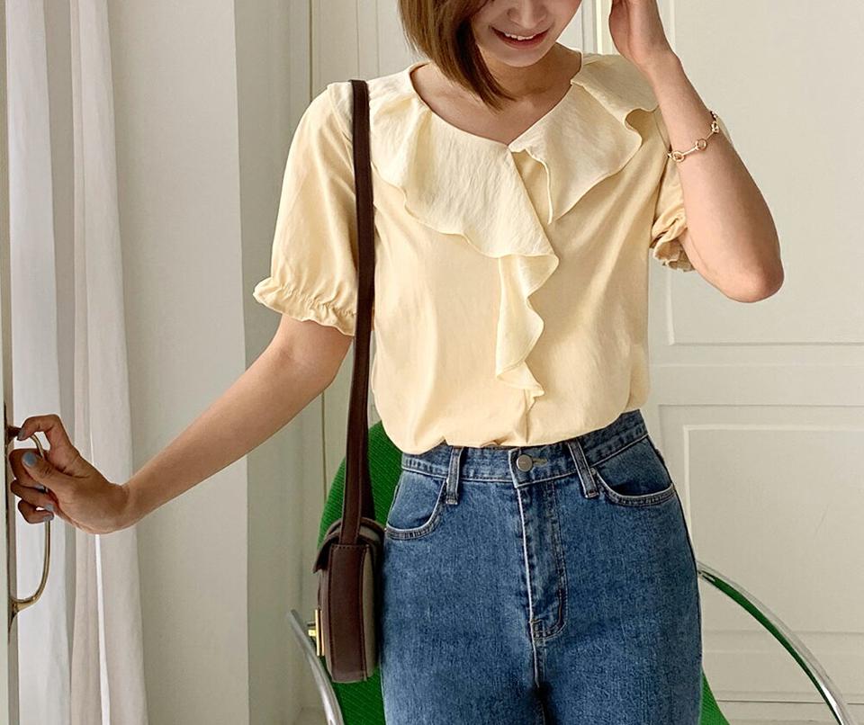 コントラストフリルTシャツ・全5色・b00748 レディース 【tops】トップス Tシャツ 半袖 フリル 袖コン 襟コン ガーリー 可愛い かわいい 単色 Vネック 異素材 春 夏 韓国ファッション